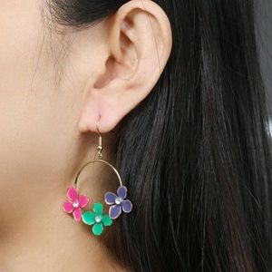 Gold Hoop Earrings with Multicolor Enamel Flower Charms